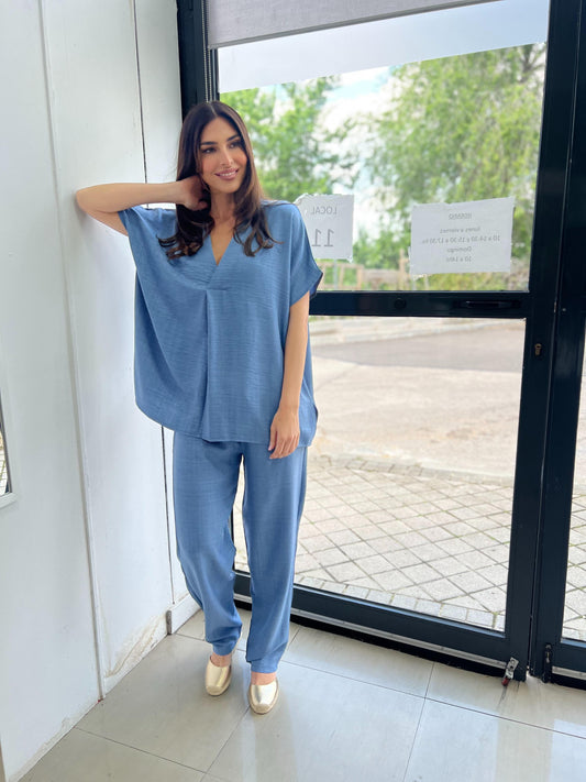 Conjunto túnica escote pico y pantalón en color jeans-1