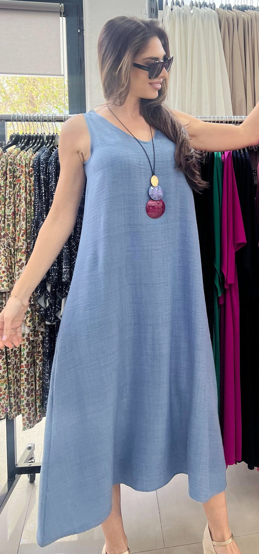 Vestido de tirantes en simil lino color jeans-0